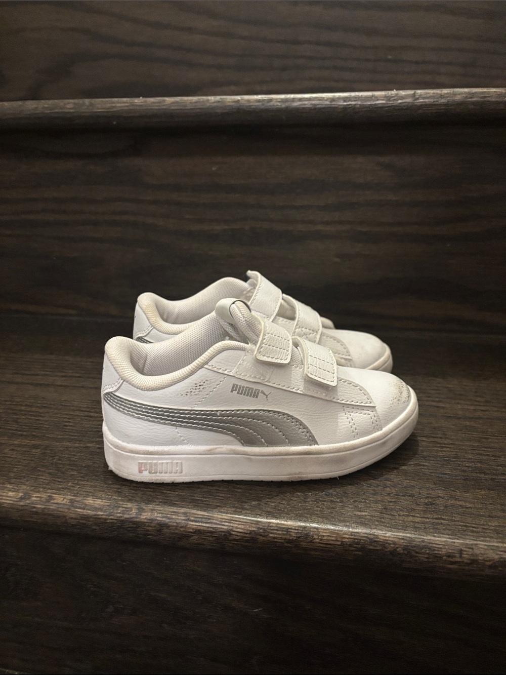 Puma Kids White Sneakers with Silver Stripe Velcro